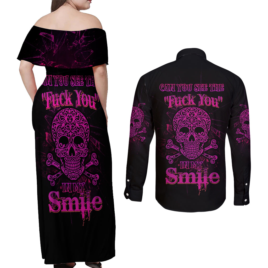 Can You See The F You Skull Rose Couples Matching Off Shoulder Maxi Dress and Long Sleeve Button Shirt - Wonder Print Shop