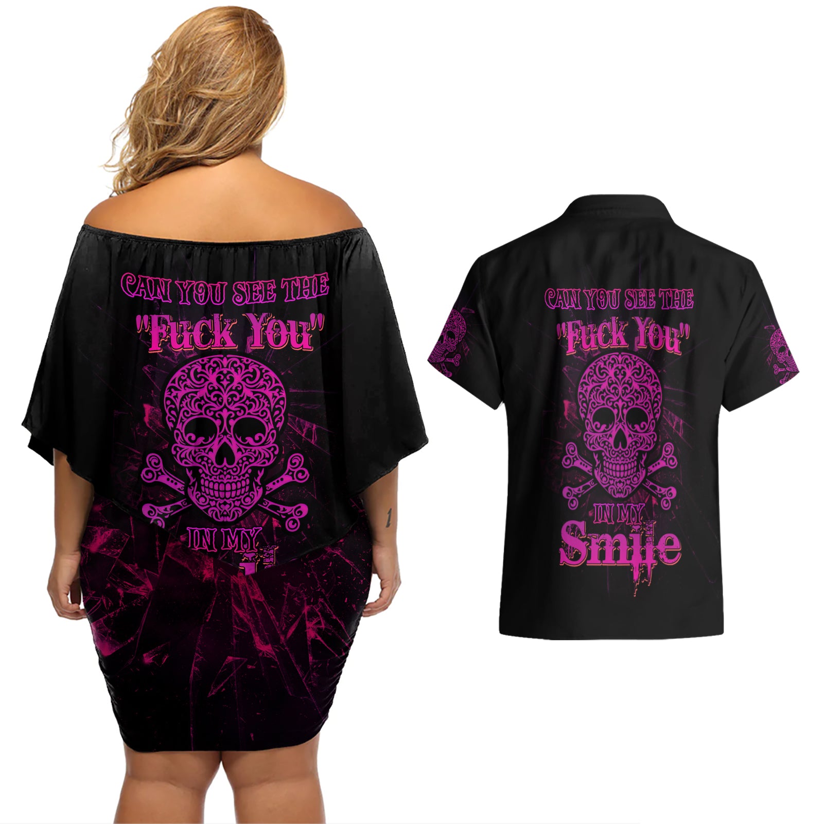 Can You See The F You Skull Rose Couples Matching Off Shoulder Short Dress and Hawaiian Shirt - Wonder Print Shop