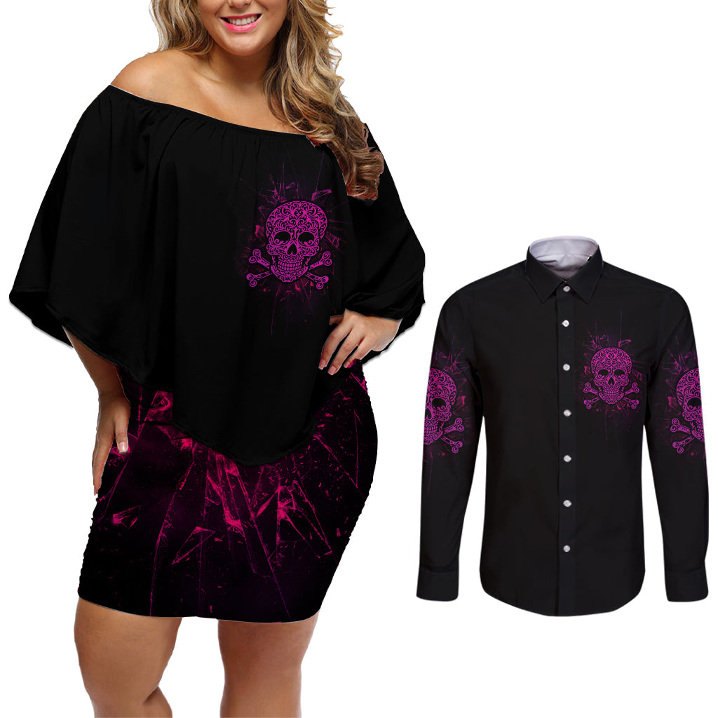 Can You See The F You Skull Rose Couples Matching Off Shoulder Short Dress and Long Sleeve Button Shirt - Wonder Print Shop