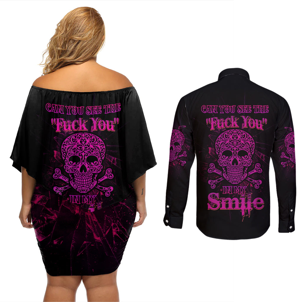 Can You See The F You Skull Rose Couples Matching Off Shoulder Short Dress and Long Sleeve Button Shirt - Wonder Print Shop