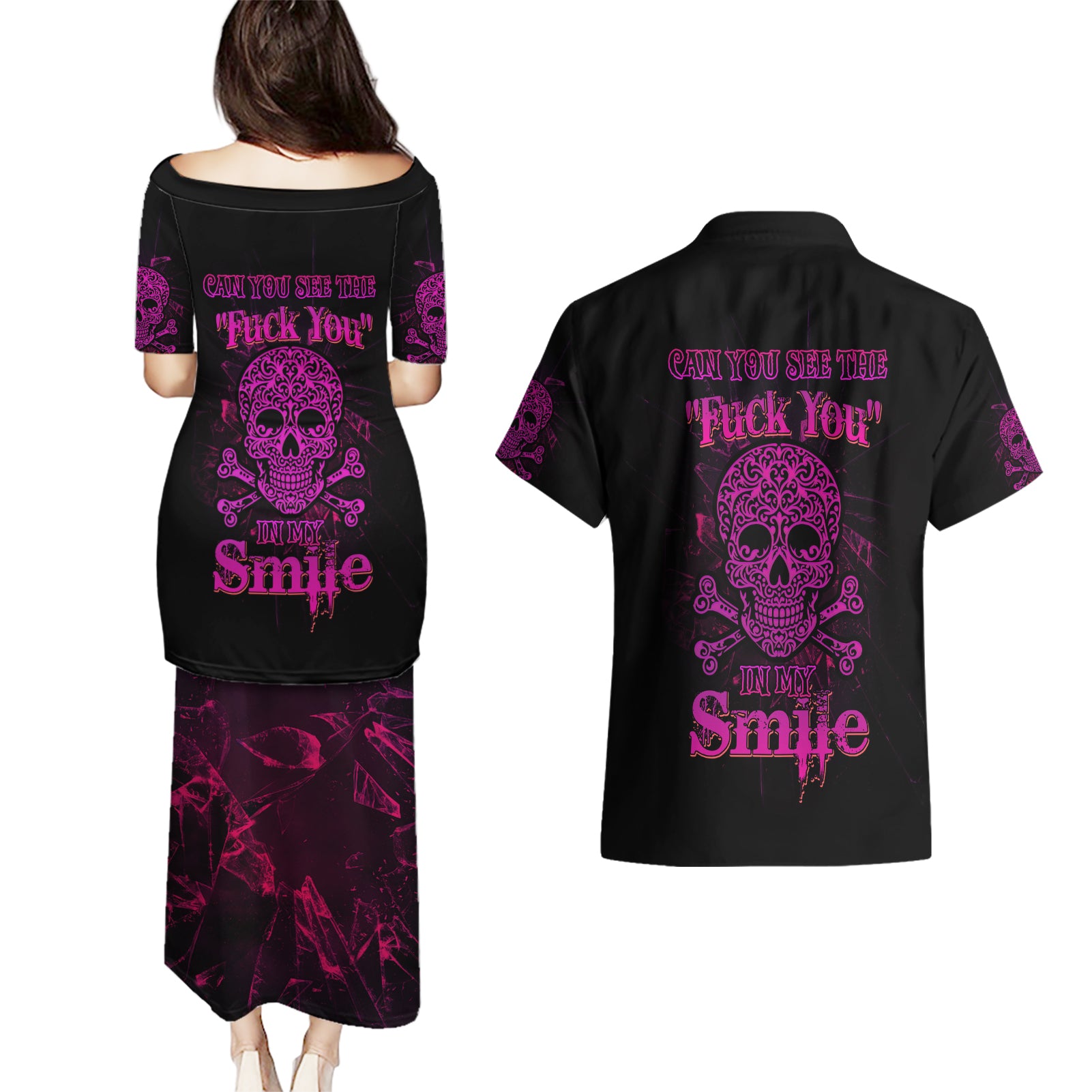 Can You See The F You Skull Rose Couples Matching Puletasi Dress and Hawaiian Shirt - Wonder Print Shop