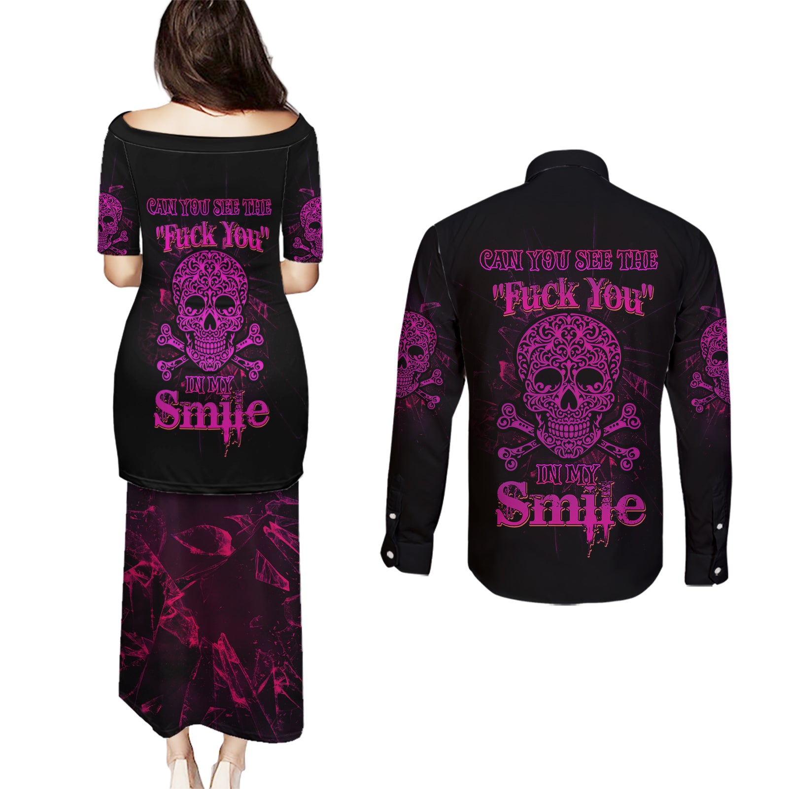 Can You See The F You Skull Rose Couples Matching Puletasi Dress and Long Sleeve Button Shirt - Wonder Print Shop