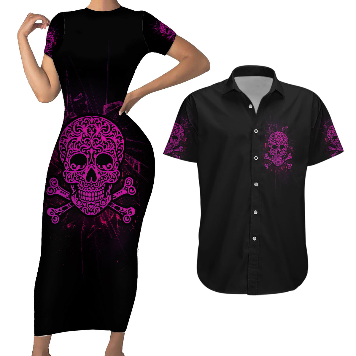 Can You See The F You Skull Rose Couples Matching Short Sleeve Bodycon Dress and Hawaiian Shirt - Wonder Print Shop