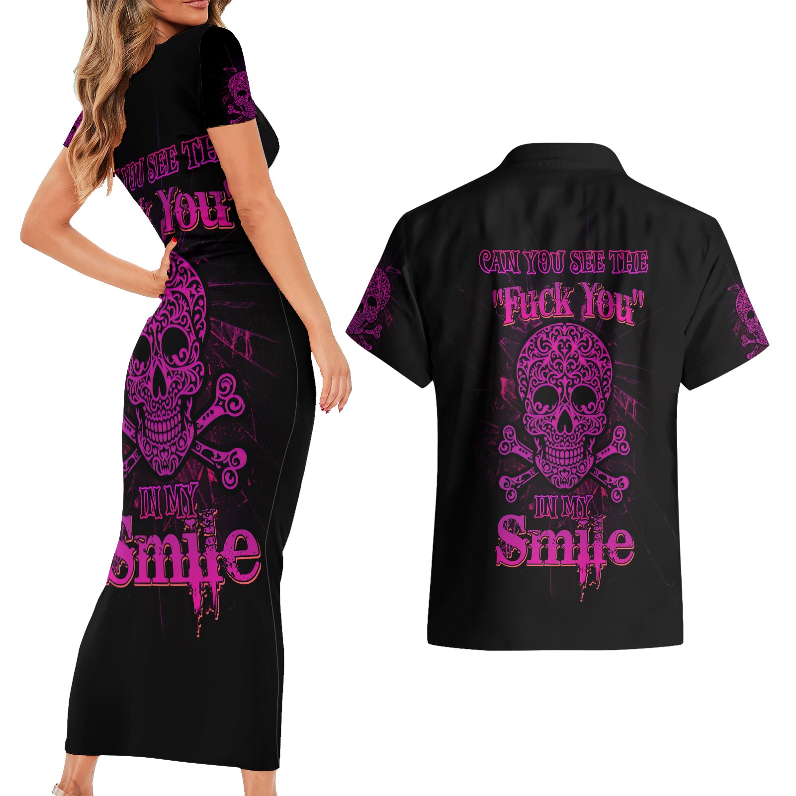 Can You See The F You Skull Rose Couples Matching Short Sleeve Bodycon Dress and Hawaiian Shirt - Wonder Print Shop