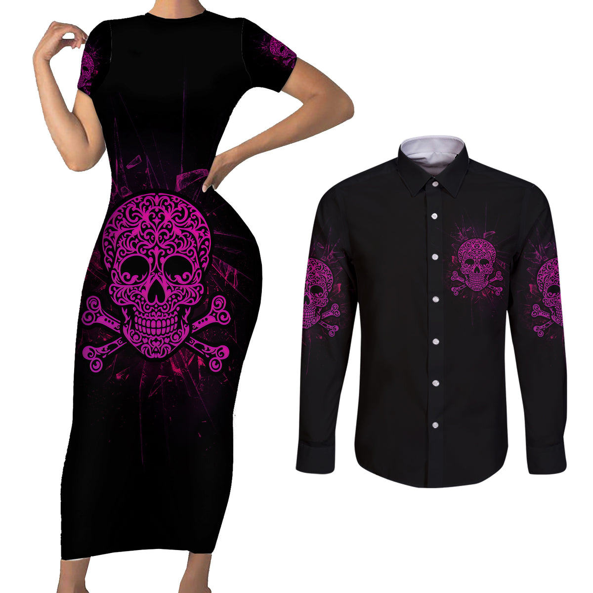 Can You See The F You Skull Rose Couples Matching Short Sleeve Bodycon Dress and Long Sleeve Button Shirt - Wonder Print Shop