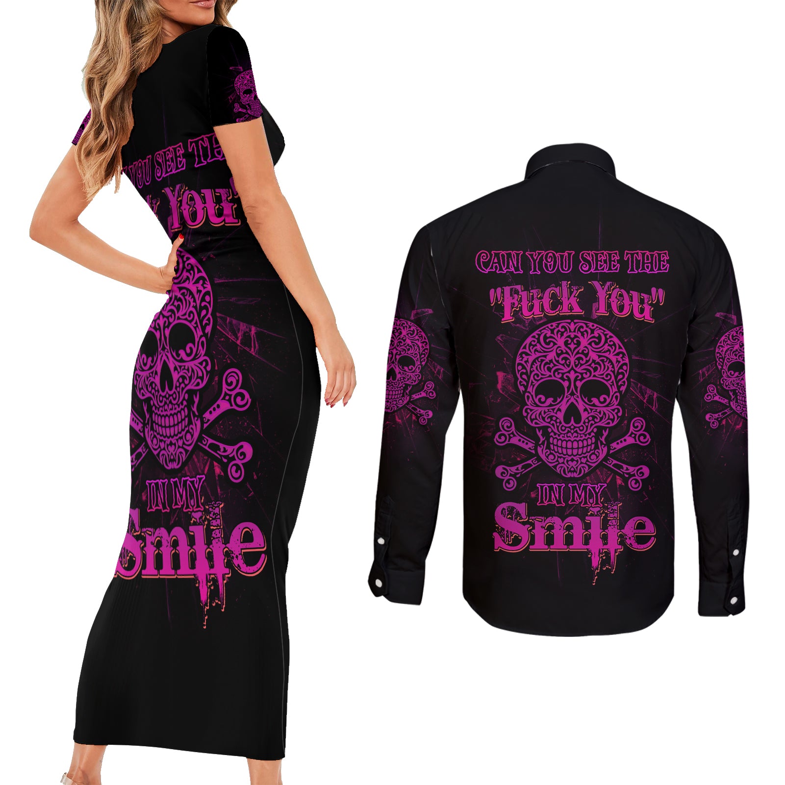 Can You See The F You Skull Rose Couples Matching Short Sleeve Bodycon Dress and Long Sleeve Button Shirt - Wonder Print Shop