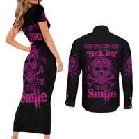 Can You See The F You Skull Rose Couples Matching Short Sleeve Bodycon Dress and Long Sleeve Button Shirt - Wonder Print Shop