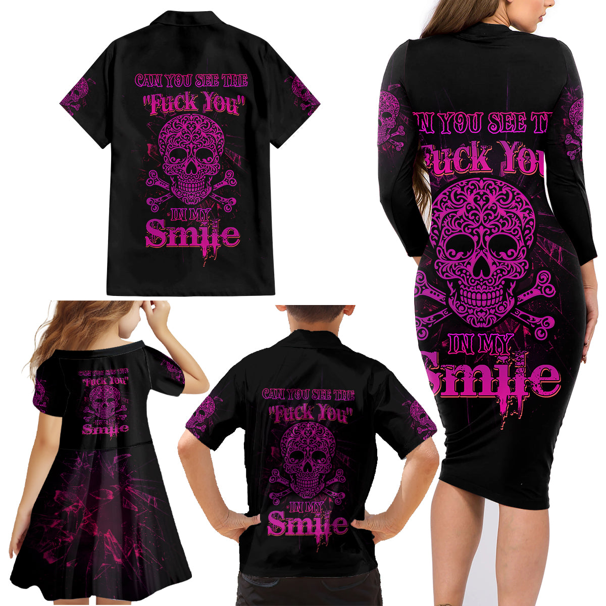 Can You See The F You Skull Rose Family Matching Long Sleeve Bodycon Dress and Hawaiian Shirt - Wonder Print Shop