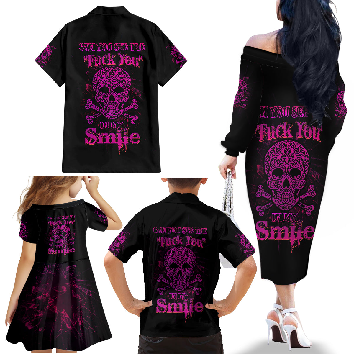 Can You See The F You Skull Rose Family Matching Off Shoulder Long Sleeve Dress and Hawaiian Shirt - Wonder Print Shop