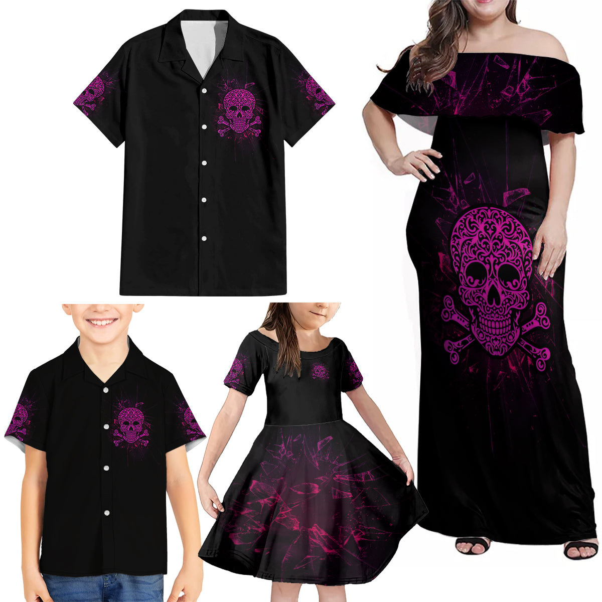 Can You See The F You Skull Rose Family Matching Off Shoulder Maxi Dress and Hawaiian Shirt - Wonder Print Shop