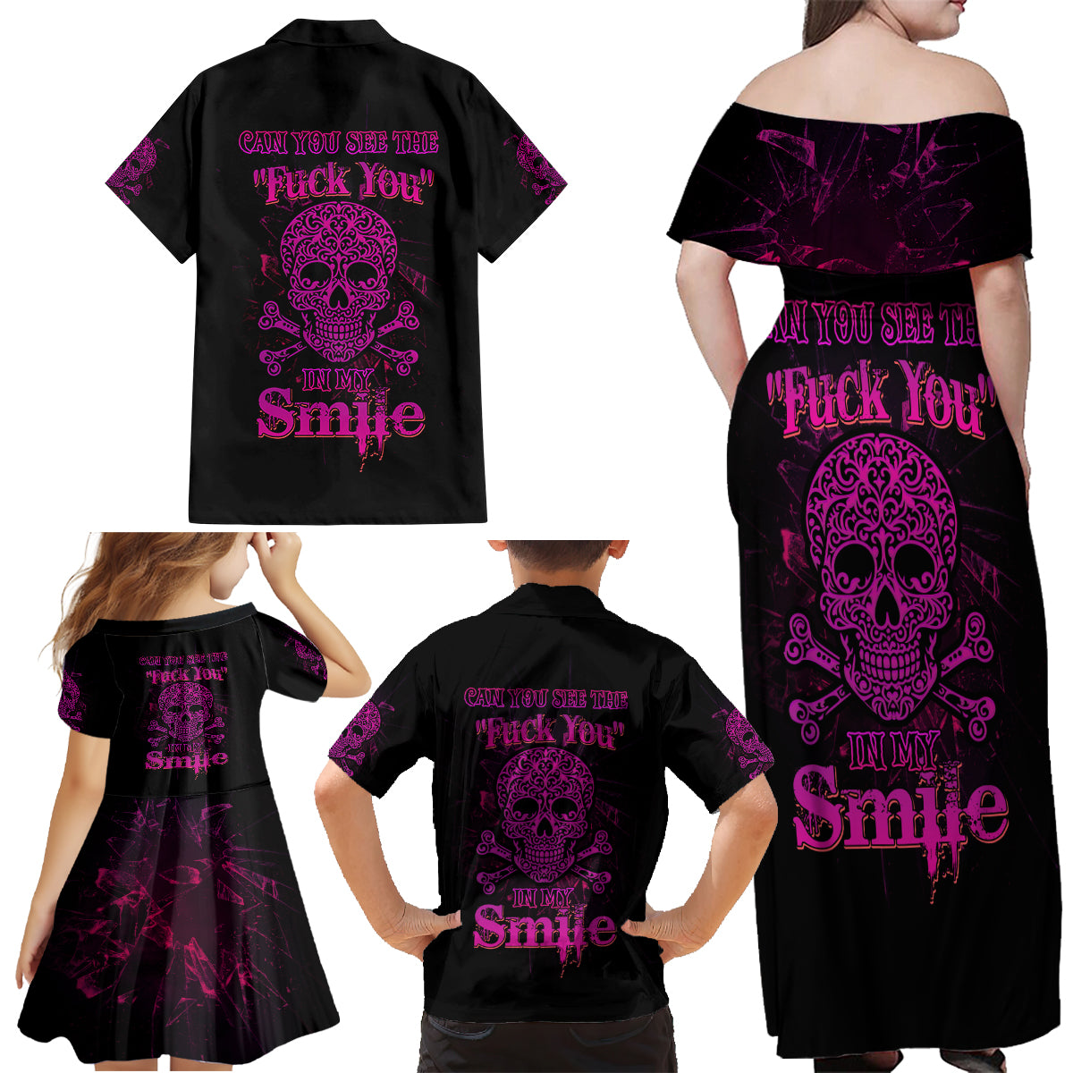 Can You See The F You Skull Rose Family Matching Off Shoulder Maxi Dress and Hawaiian Shirt - Wonder Print Shop