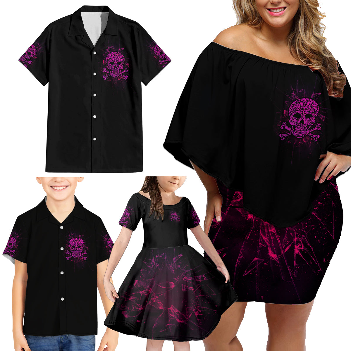 Can You See The F You Skull Rose Family Matching Off Shoulder Short Dress and Hawaiian Shirt - Wonder Print Shop