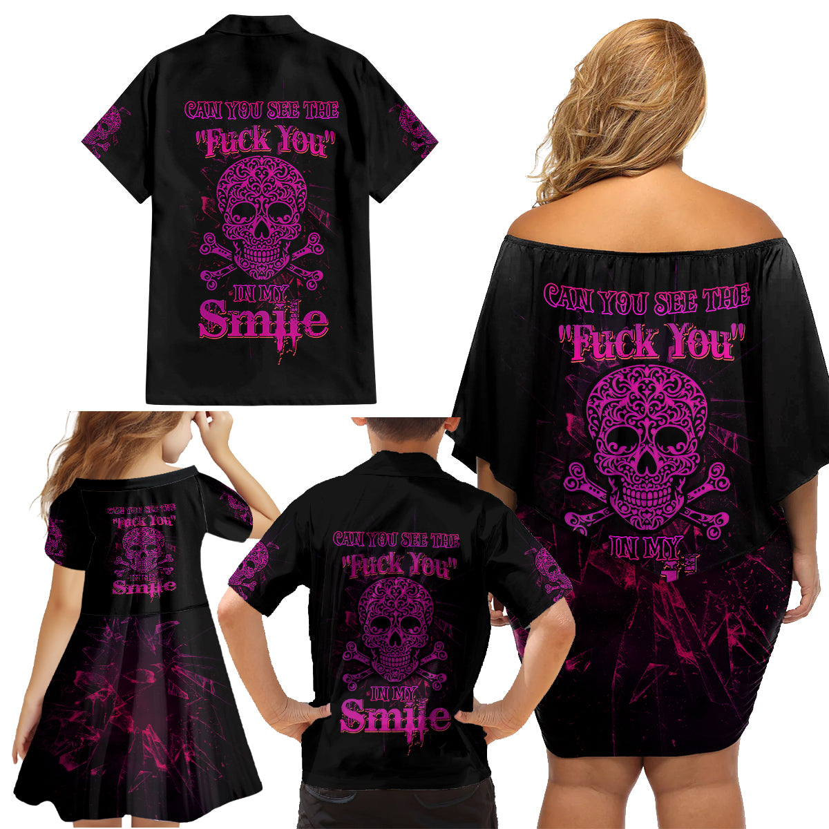 Can You See The F You Skull Rose Family Matching Off Shoulder Short Dress and Hawaiian Shirt - Wonder Print Shop