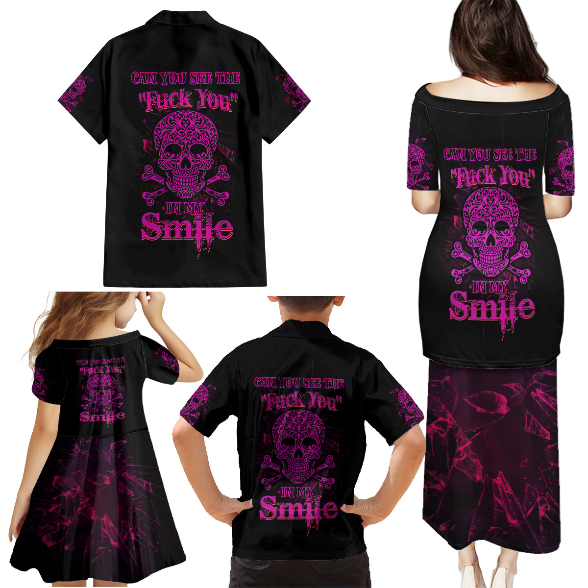 Can You See The F You Skull Rose Family Matching Puletasi Dress and Hawaiian Shirt - Wonder Print Shop