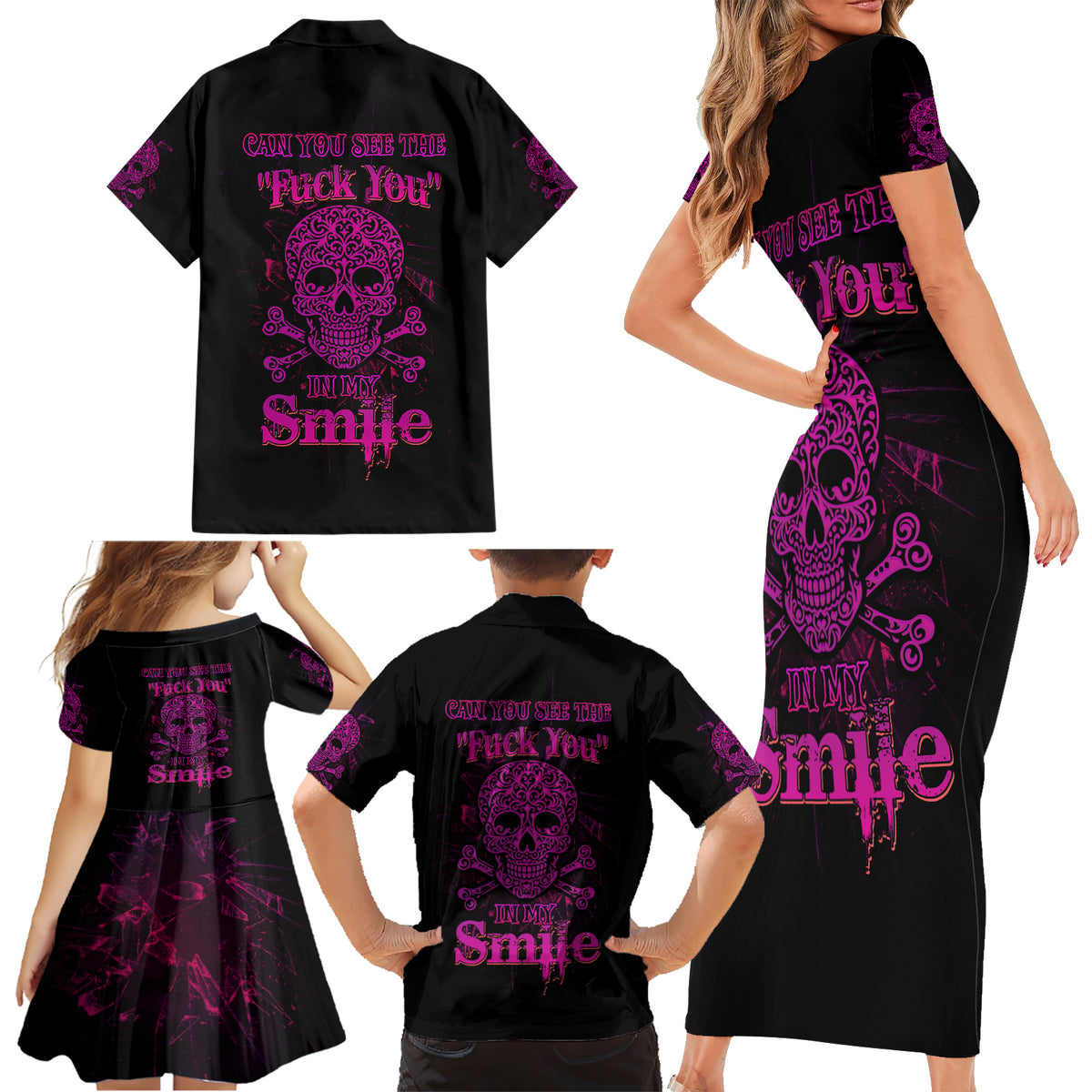 Can You See The F You Skull Rose Family Matching Short Sleeve Bodycon Dress and Hawaiian Shirt - Wonder Print Shop