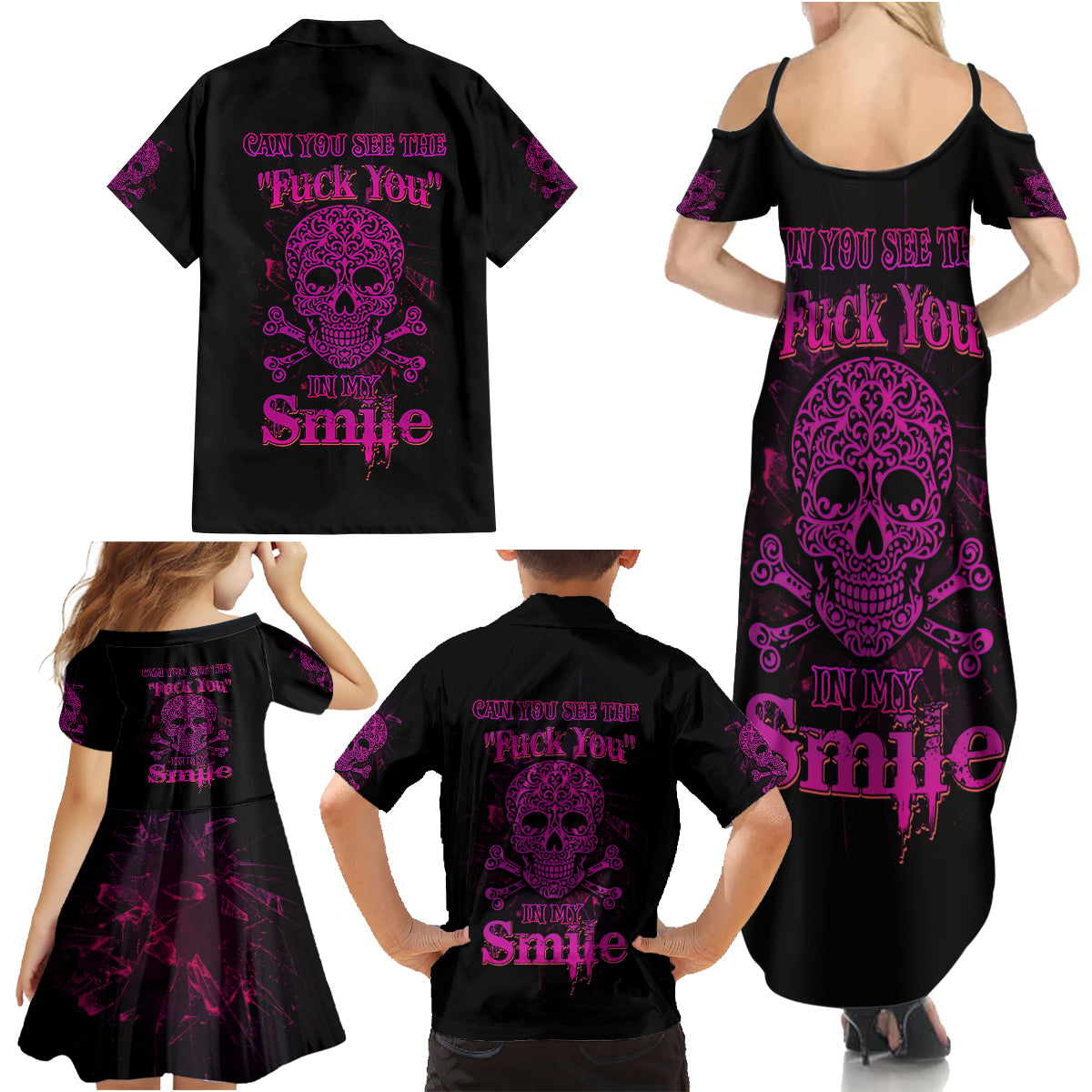 Can You See The F You Skull Rose Family Matching Summer Maxi Dress and Hawaiian Shirt - Wonder Print Shop