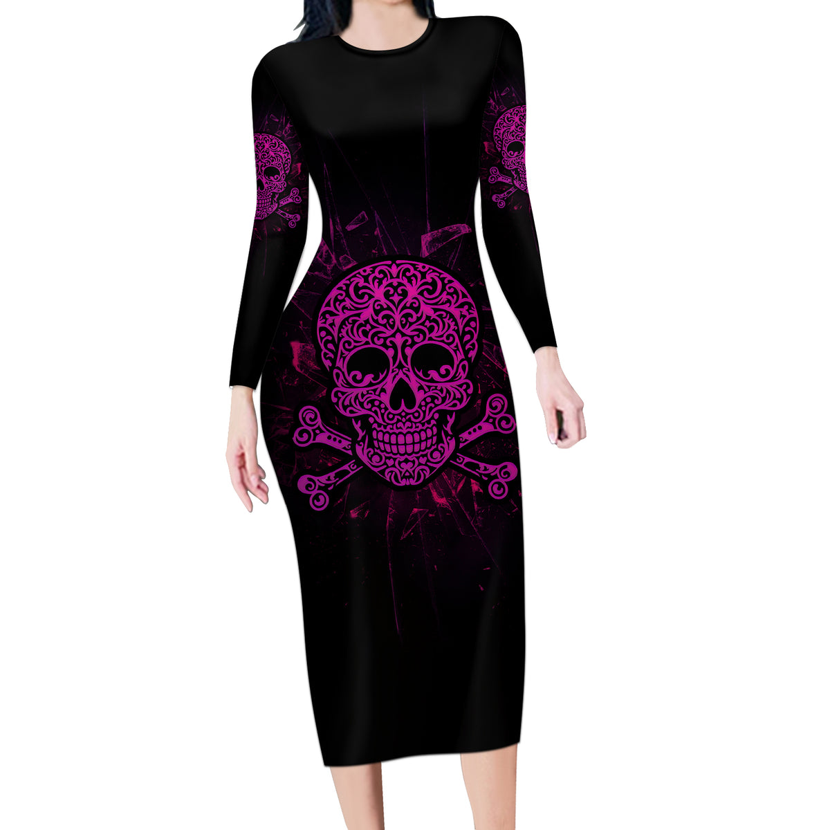 Can You See The F You Skull Rose Long Sleeve Bodycon Dress - Wonder Print Shop