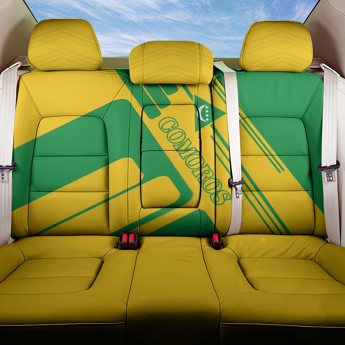 Comoros Flag Back Car Seat Cover with Green and Yellow Design and National Emblem