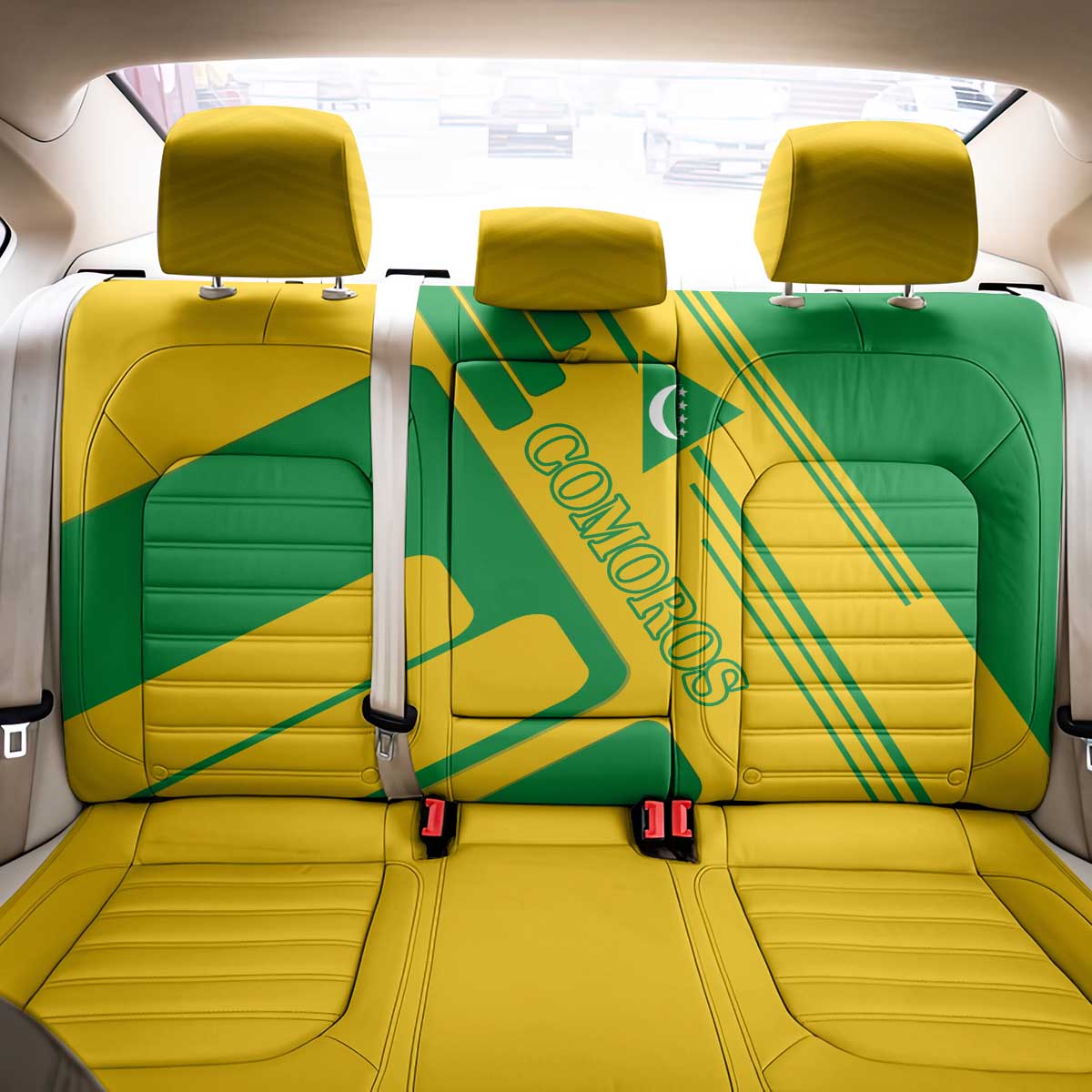 Comoros Flag Back Car Seat Cover with Green and Yellow Design and National Emblem