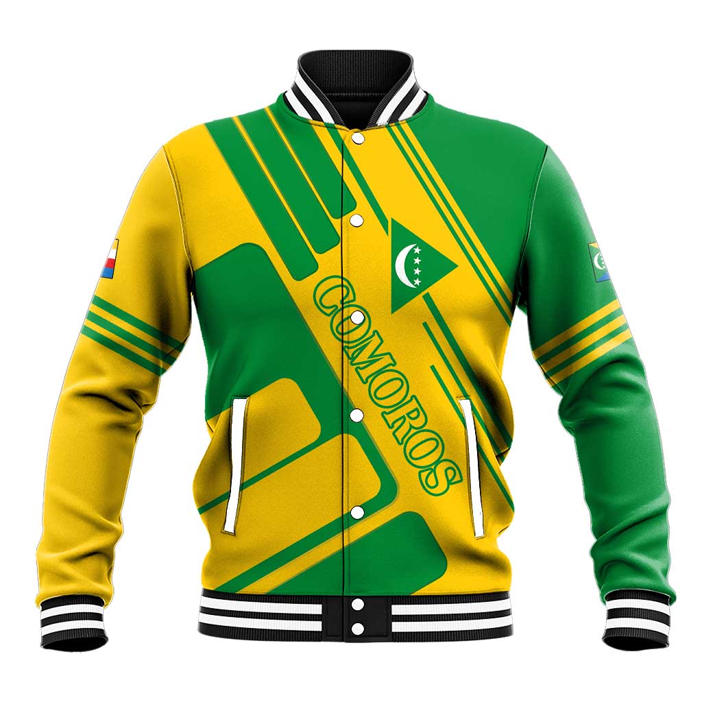 Comoros Flag Baseball Jacket with Green and Yellow Design and National Emblem