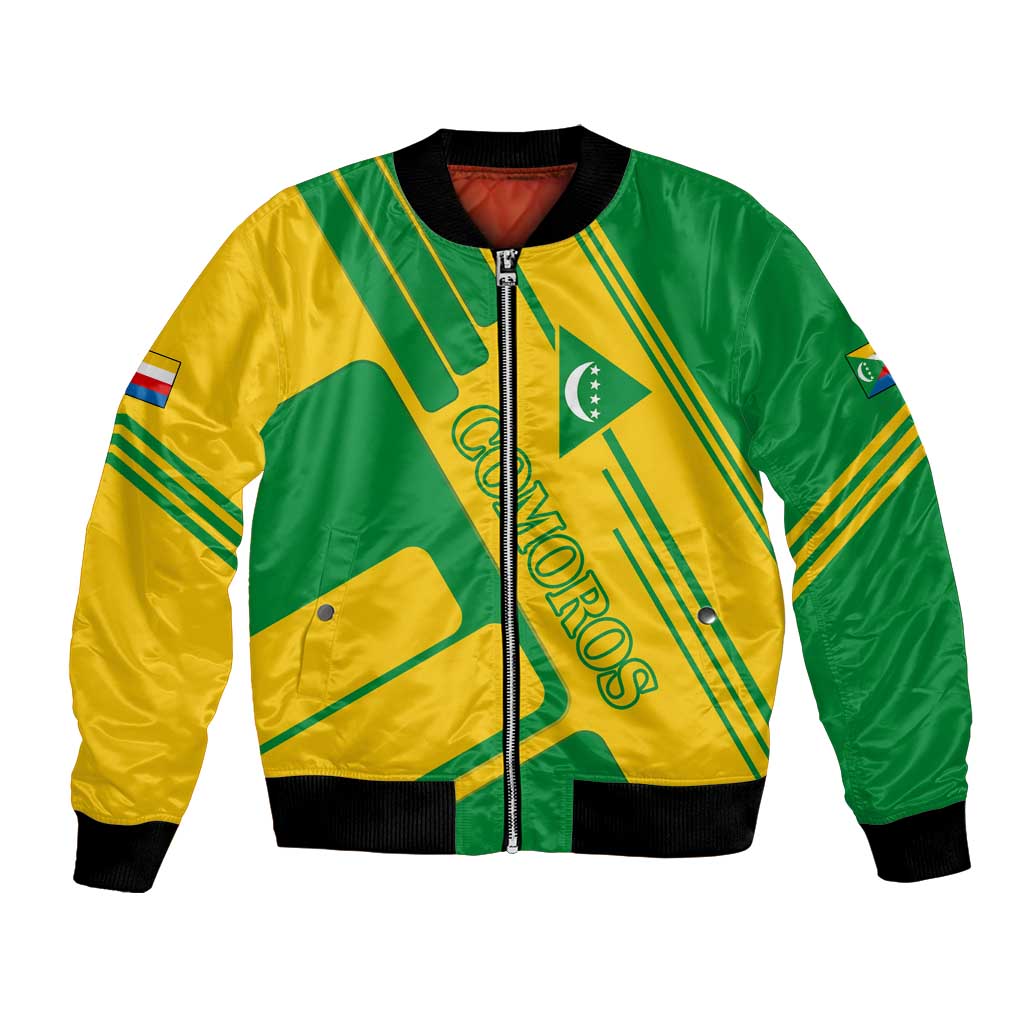 Comoros Flag Bomber Jacket with Green and Yellow Design and National Emblem