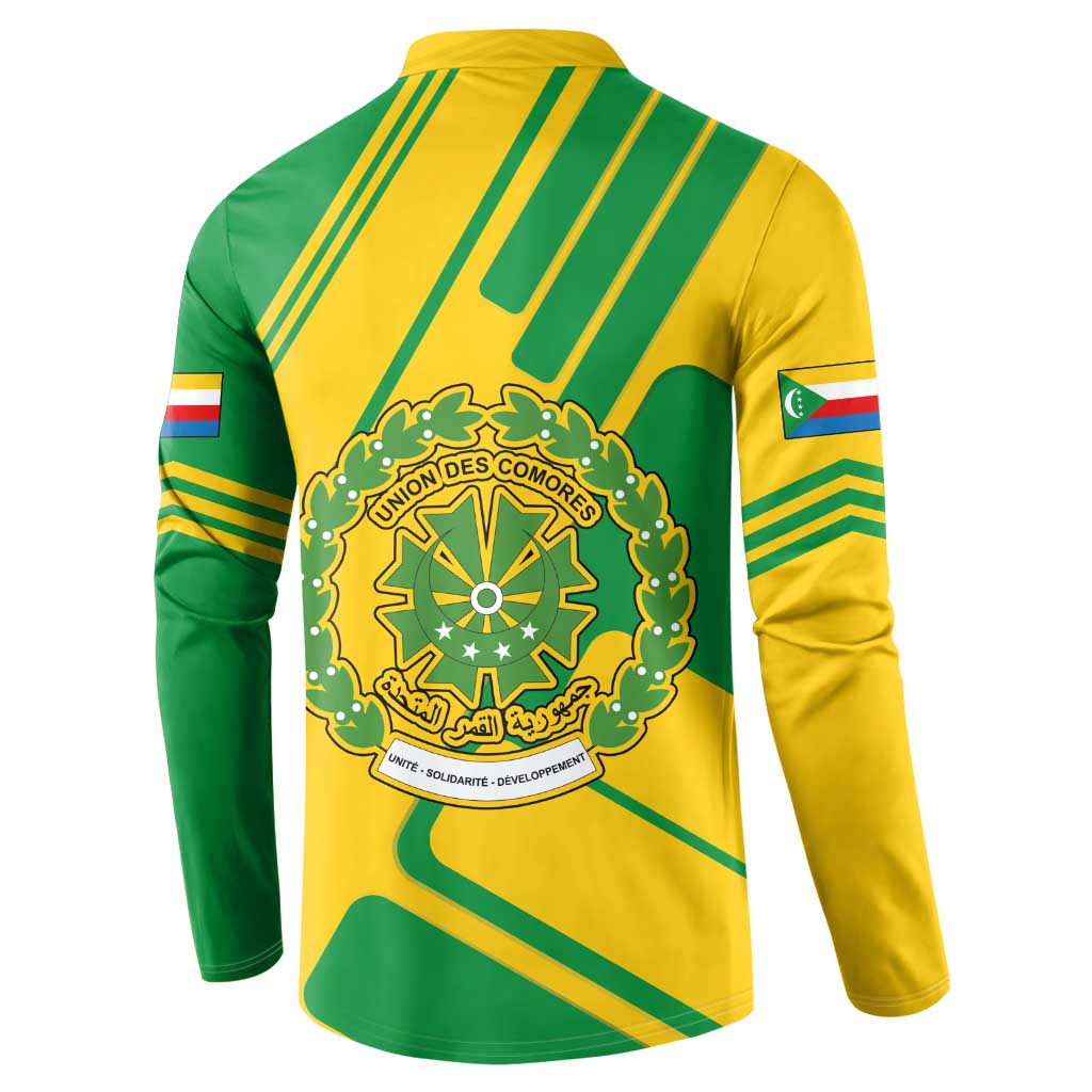 Comoros Flag Button Sweatshirt with Green and Yellow Design and National Emblem