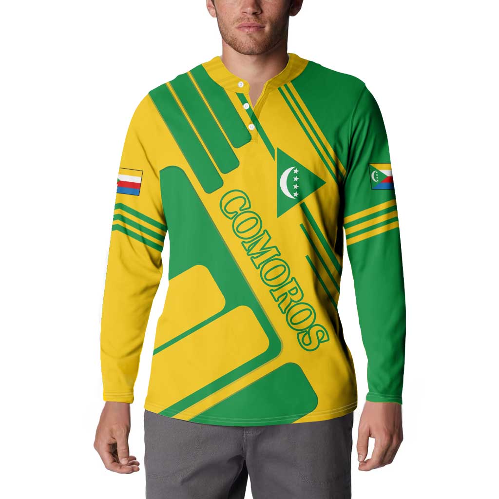Comoros Flag Button Sweatshirt with Green and Yellow Design and National Emblem