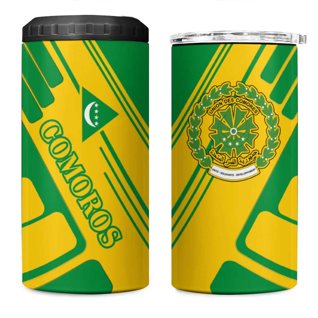 Comoros Flag 4 in 1 Can Cooler Tumbler with Green and Yellow Design and National Emblem