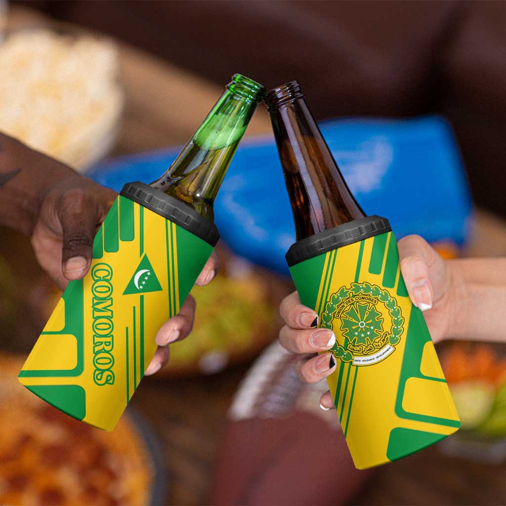 Comoros Flag 4 in 1 Can Cooler Tumbler with Green and Yellow Design and National Emblem
