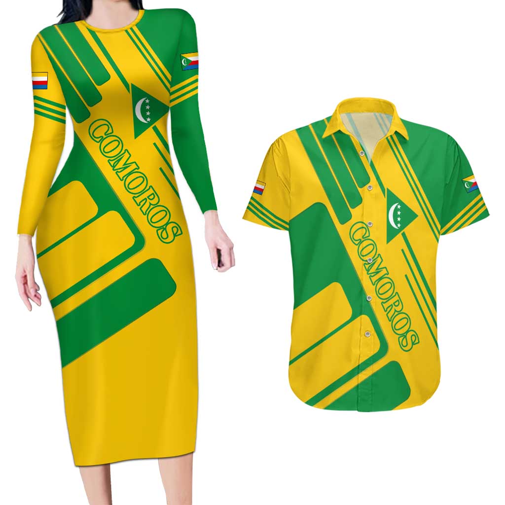 Comoros Flag Couples Matching Long Sleeve Bodycon Dress and Hawaiian Shirt with Green and Yellow Design and National Emblem