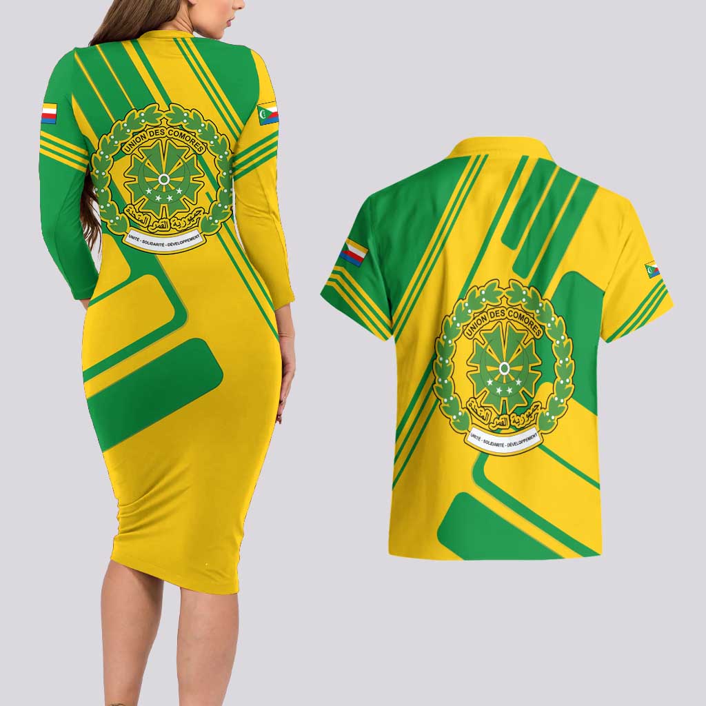 Comoros Flag Couples Matching Long Sleeve Bodycon Dress and Hawaiian Shirt with Green and Yellow Design and National Emblem