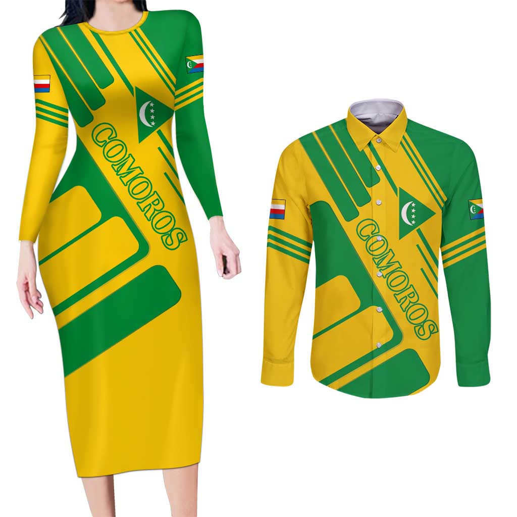Comoros Flag Couples Matching Long Sleeve Bodycon Dress and Long Sleeve Button Shirt with Green and Yellow Design and National Emblem