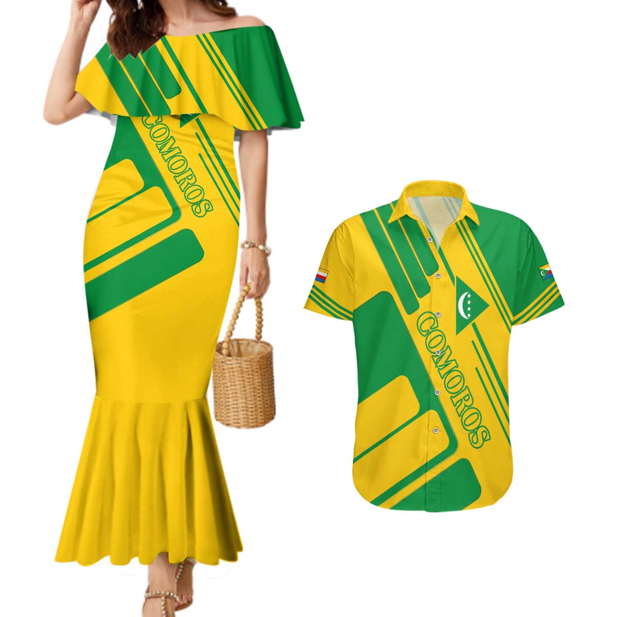 Comoros Flag Couples Matching Mermaid Dress and Hawaiian Shirt with Green and Yellow Design and National Emblem
