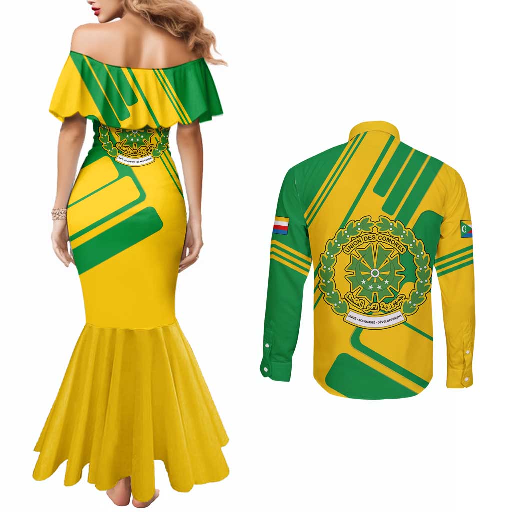Comoros Flag Couples Matching Mermaid Dress and Long Sleeve Button Shirt with Green and Yellow Design and National Emblem
