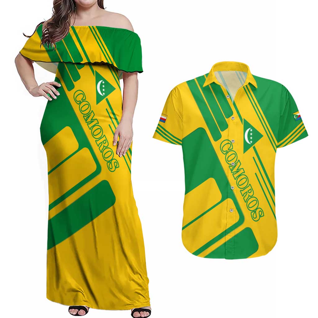 Comoros Flag Couples Matching Off Shoulder Maxi Dress and Hawaiian Shirt with Green and Yellow Design and National Emblem