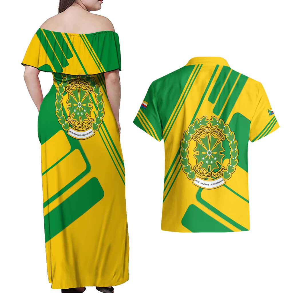 Comoros Flag Couples Matching Off Shoulder Maxi Dress and Hawaiian Shirt with Green and Yellow Design and National Emblem