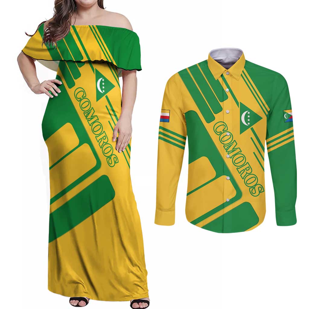 Comoros Flag Couples Matching Off Shoulder Maxi Dress and Long Sleeve Button Shirt with Green and Yellow Design and National Emblem