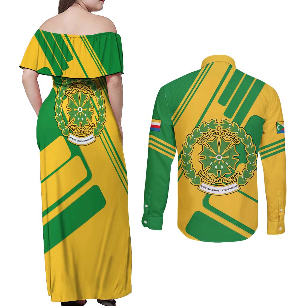 Comoros Flag Couples Matching Off Shoulder Maxi Dress and Long Sleeve Button Shirt with Green and Yellow Design and National Emblem
