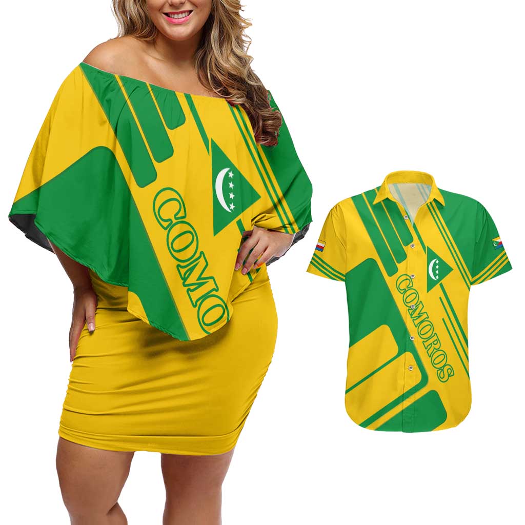 Comoros Flag Couples Matching Off Shoulder Short Dress and Hawaiian Shirt with Green and Yellow Design and National Emblem