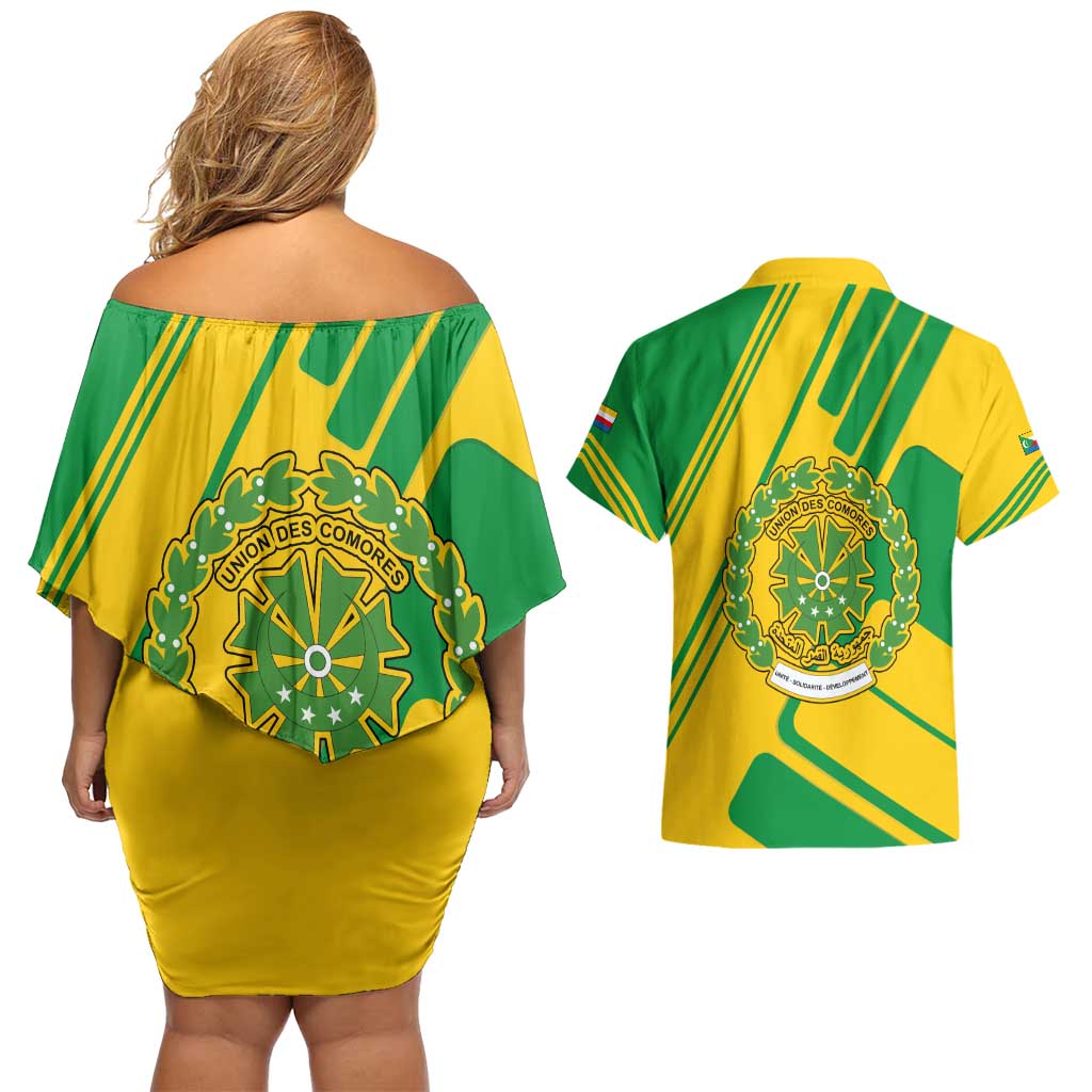 Comoros Flag Couples Matching Off Shoulder Short Dress and Hawaiian Shirt with Green and Yellow Design and National Emblem