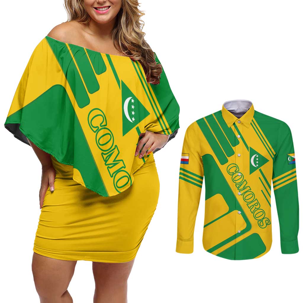 Comoros Flag Couples Matching Off Shoulder Short Dress and Long Sleeve Button Shirt with Green and Yellow Design and National Emblem