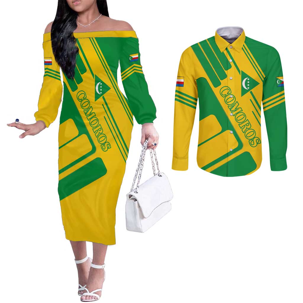 Comoros Flag Couples Matching Off The Shoulder Long Sleeve Dress and Long Sleeve Button Shirt with Green and Yellow Design and National Emblem