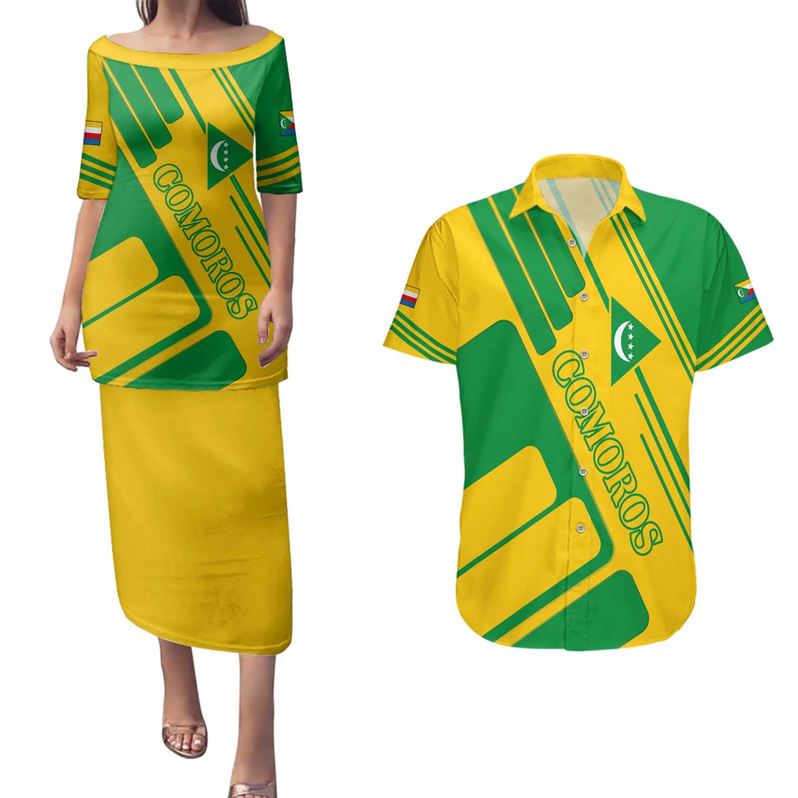 Comoros Flag Couples Matching Puletasi and Hawaiian Shirt with Green and Yellow Design and National Emblem