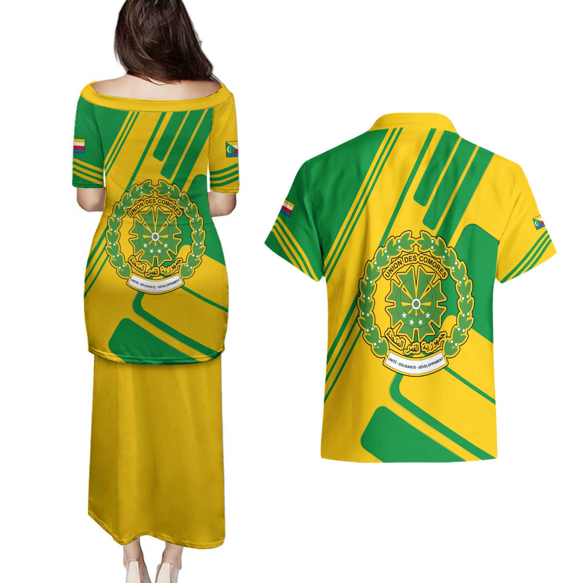 Comoros Flag Couples Matching Puletasi and Hawaiian Shirt with Green and Yellow Design and National Emblem