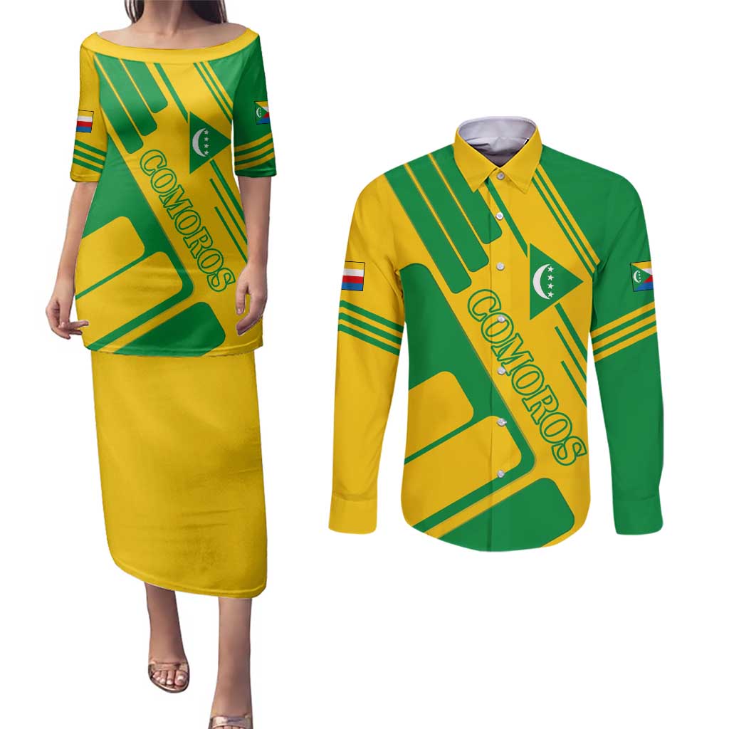 Comoros Flag Couples Matching Puletasi and Long Sleeve Button Shirt with Green and Yellow Design and National Emblem