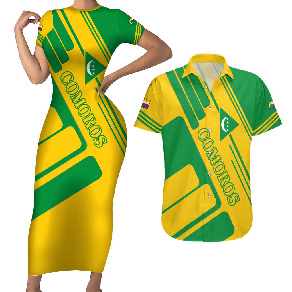 Comoros Flag Couples Matching Short Sleeve Bodycon Dress and Hawaiian Shirt with Green and Yellow Design and National Emblem