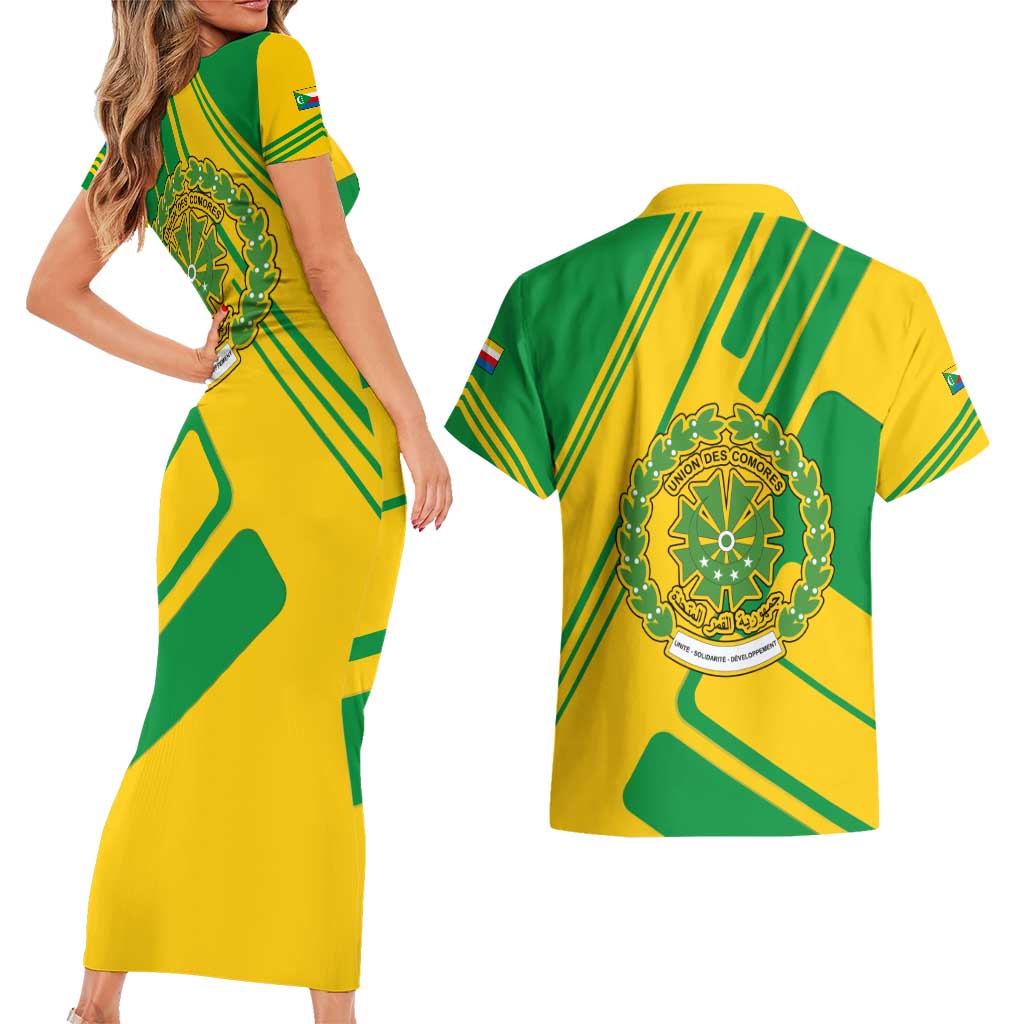 Comoros Flag Couples Matching Short Sleeve Bodycon Dress and Hawaiian Shirt with Green and Yellow Design and National Emblem