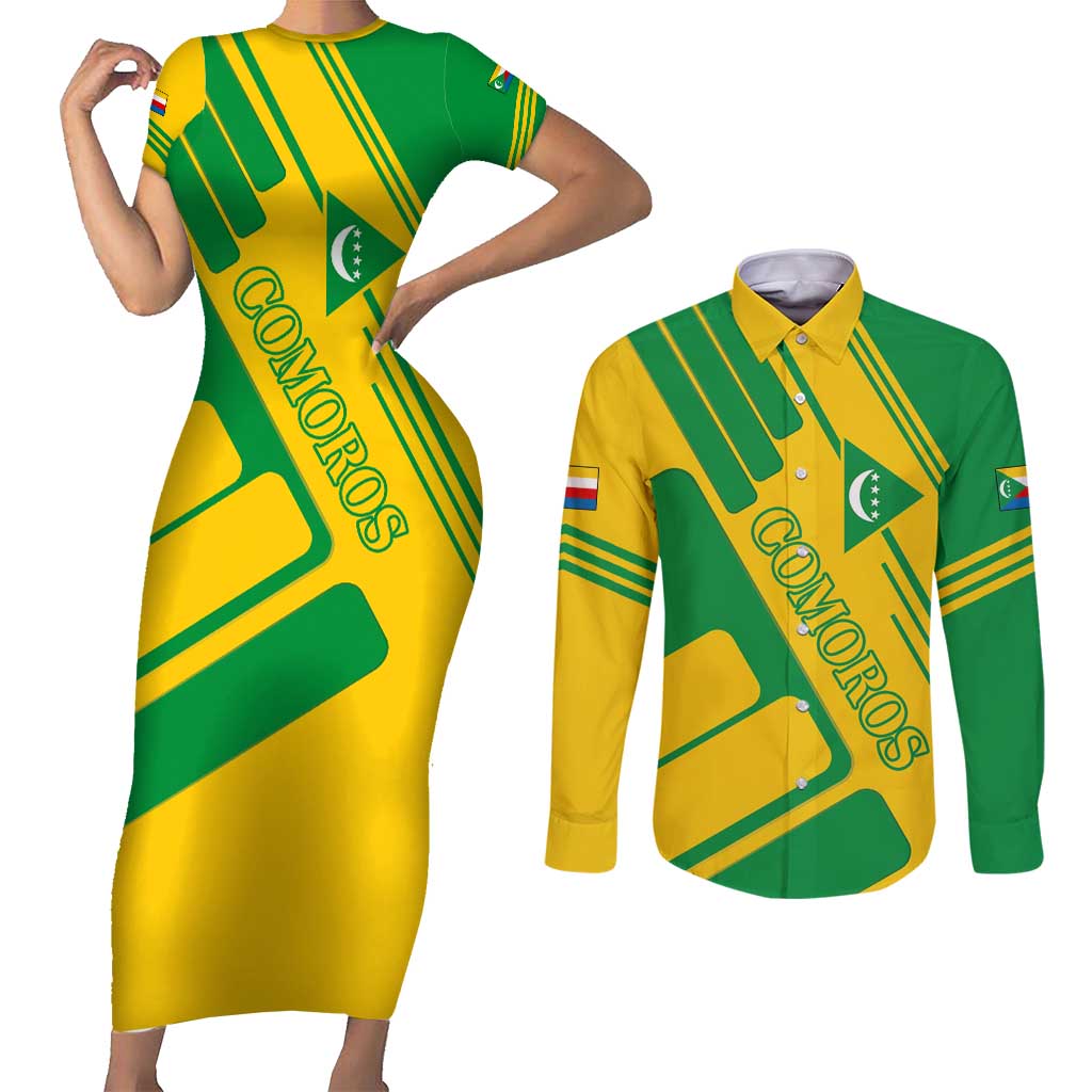Comoros Flag Couples Matching Short Sleeve Bodycon Dress and Long Sleeve Button Shirt with Green and Yellow Design and National Emblem