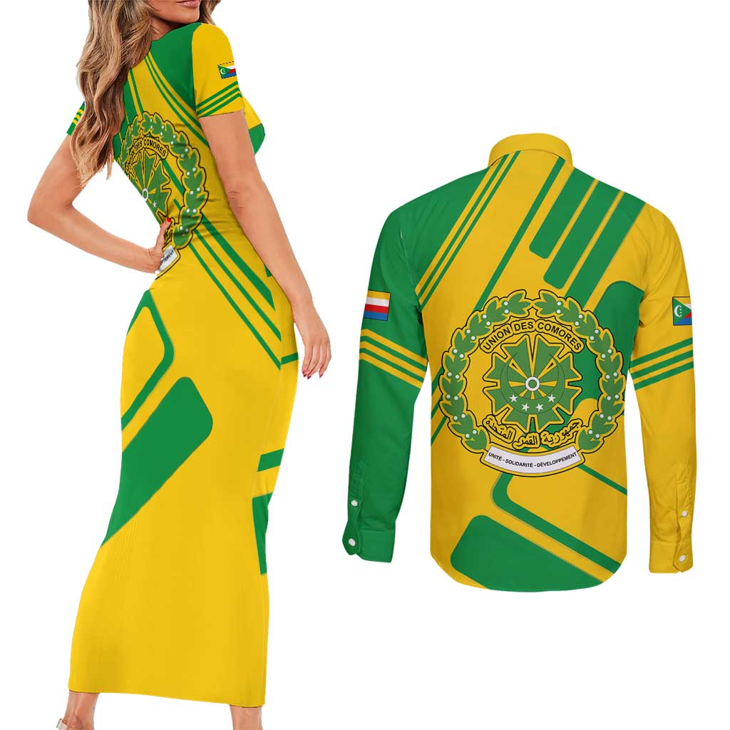 Comoros Flag Couples Matching Short Sleeve Bodycon Dress and Long Sleeve Button Shirt with Green and Yellow Design and National Emblem