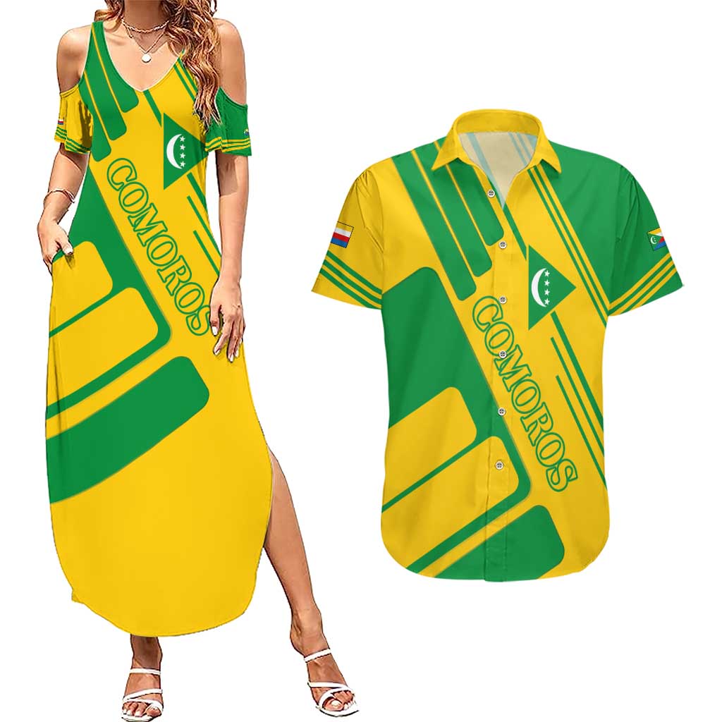 Comoros Flag Couples Matching Summer Maxi Dress and Hawaiian Shirt with Green and Yellow Design and National Emblem
